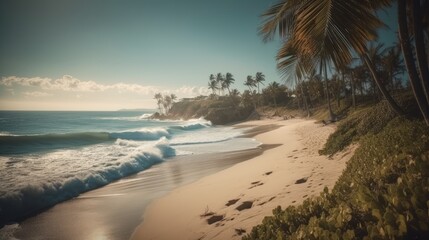 Exotic palm trees on the seashore. Sea waves on the beach. Summer vacation by the sea. Generative AI