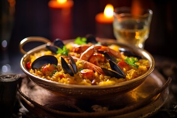 Close-up view photography of a tempting paella in a glass bowl against a woolen fabric background. With generative AI technology