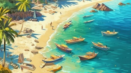 Fototapeta na wymiar Boats at the sandy seashore, top view. Illustration of a beach with boats, sandy island beach. Generative AI