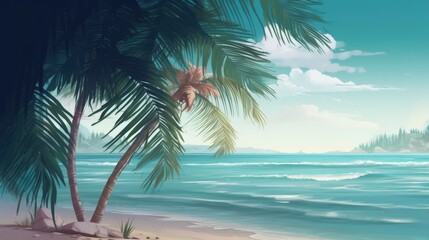 Obraz na płótnie Canvas An illustration of an exotic palm tree on the seashore with white sand. Summer holidays by the sea. Generative AI