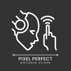 AI touches pixel perfect white linear icon for dark theme. Artificial intelligence tactile development. Sensor usage. Thin line illustration. Isolated symbol for night mode. Editable stroke