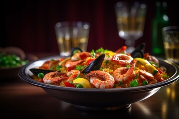 Close-up view photography of a refined  paella in a glass bowl against a rice paper background. With generative AI technology