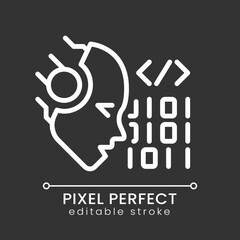 AI codes pixel perfect white linear icon for dark theme. Programmers help. Machine learning algorithm. Software technique. Thin line illustration. Isolated symbol for night mode. Editable stroke