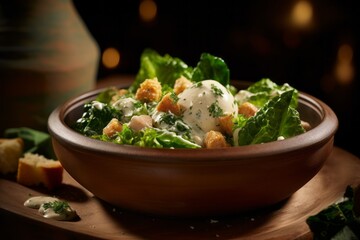 Conceptual close-up photography of an exquisite caesar salad in a clay dish against a silk fabric background. With generative AI technology