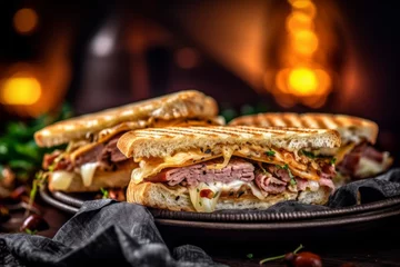Photo sur Plexiglas Snack Rustic ambiance close-up photography of a tempting sandwiches on a slate plate against a silk fabric background. With generative AI technology