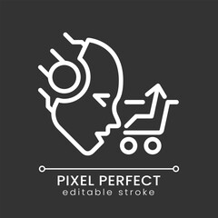 AI sells pixel perfect white linear icon for dark theme. Customer tracking system. Virtual shopping cart. Retail business. Thin line illustration. Isolated symbol for night mode. Editable stroke