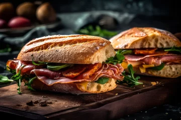 Photo sur Plexiglas Snack Rustic ambiance close-up photography of a tempting sandwiches on a slate plate against a silk fabric background. With generative AI technology
