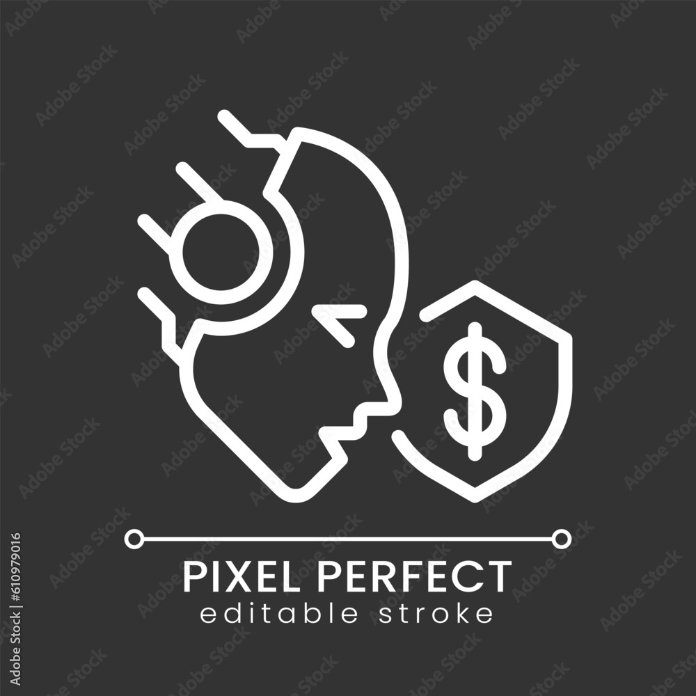 Poster ai protects pixel perfect white linear icon for dark theme. credit card fraud detection. artificial 