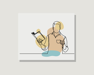 Continuous single one line drawing art of business man read book and holding cup of coffee or hot tea in boho bohemian style design vector illustration