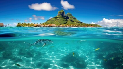 Fototapeta premium Deep blue sea with fish. A tropical island paradise in the distance. Summer vacation at the sea. Generative AI