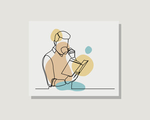 Continuous single one line drawing art of business man read book and holding cup of coffee or hot tea in boho bohemian style design vector illustration
