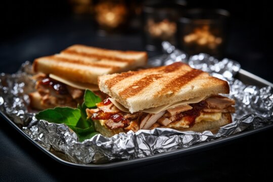 Conceptual close-up photography of a delicious sandwiches on a palm leaf plate against an aluminum foil background. With generative AI technology
