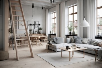Living room in Loft in Scandinavian design marked by a focus on clean, simple lines, minimalism, and functionality without sacrificing beauty. Architecture and Real estate, AI generative