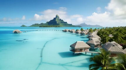 Fototapeta premium Deep sea, luxury villas and trees. A tropical island paradise. Summer vacation at the sea. Generative AI