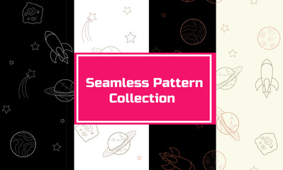 doodle style seamless planet collection pattern set,rocket,planet,stars seamless pattern, hand drawn seamless pattern