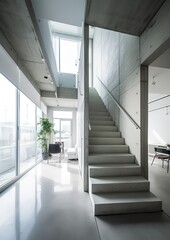 Obraz premium Minimalistic modern white interior with glossy concrete floor and large bright windows. Generative Ai