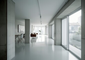 Minimalistic modern white interior with glossy concrete floor and large bright windows. Generative Ai