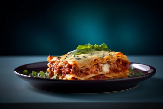 Close-up view photography of a tempting lasagna on a porcelain platter against a painted acrylic background. With generative AI technology