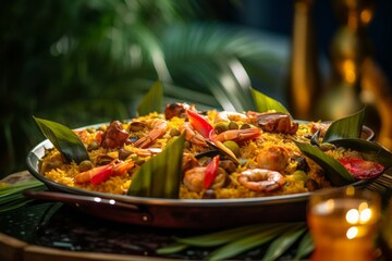 Detailed close-up photography of a tempting paella on a palm leaf plate against a painted acrylic background. With generative AI technology