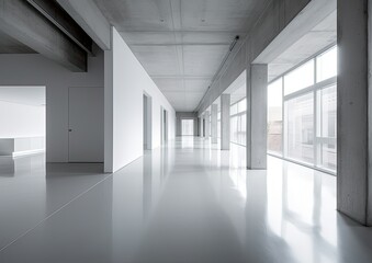 Large white concrete iinterior mock open space office. Generative Ai