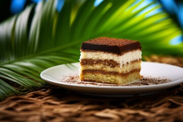 Conceptual close-up photography of a delicious tiramisu on a palm leaf plate against a painted acrylic background. With generative AI technology