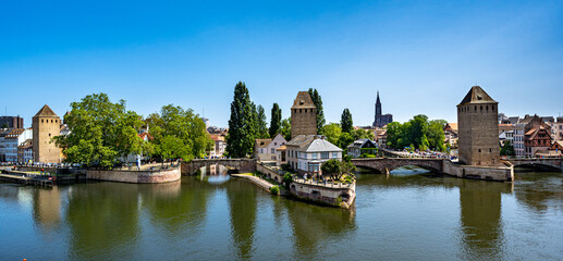 Covered bridge Pont Couverts in Strasbourgh in the district Petite France, Alsace. - obrazy, fototapety, plakaty