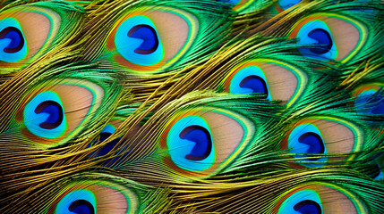 Peacock macro feathers. Blue green glowing surface nature texture exotic bird vibrant color. Beautiful decorative iridescent background close up photo