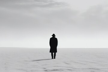 A man silhouette on large vast white environment. Generative Ai