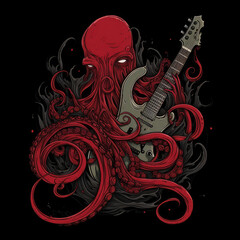red octopus monster playing guitar, rock n roll illustration - by generative ai