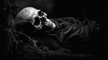 Fototapeta na wymiar skeleton lying on the grounds, grim dark fantasy - by generative ai