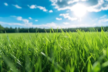 Fototapeta premium fresh green grass in a hayfield with a blue sky in the background. Generative AI