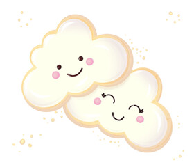 Kid's cookies with painted smiling clouds and crumbs on a white background