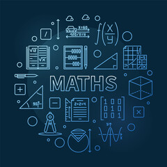 Fototapeta na wymiar Maths concept vector thin line round blue banner. Math illustration