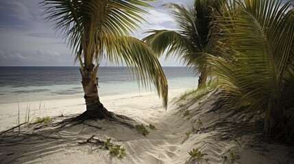 Tropical island beach shore with exotic palm trees, clear water of sea and white sand. Summer vacation. Generative AI