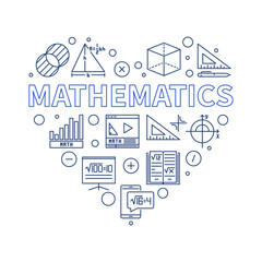 Fototapeta na wymiar Mathematics vector outline minimal heart-shaped banner. Math Science line illustration