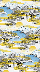 Seamless pattern vector Illustration showing a charming landscape in Old Korea, with a river flowing through the mountains.	 - 610981492