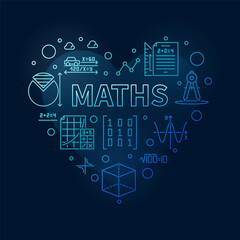 Maths Heart vector concept outline blue banner - I love Mathematics line illustration