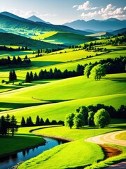 Naklejka premium Green mountain landscape. Generative by AI