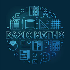 Fototapeta na wymiar Basic Maths concept vector thin line circular blue banner. Math illustration