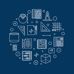 Basic Math vector outline cirlce shaped banner - Mathematics round illustration