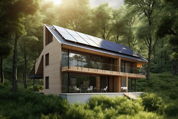 Luxury mansion in the forest with solar panels on the roof. The concept of alternative energy sources. Generate Ai Generative AI