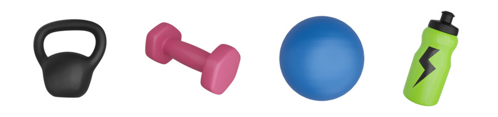 gym tools 3d vector set for exercise,Kettlebell,barbell,gymball and watter bottle	
