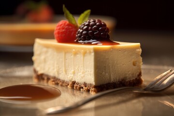Highly detailed close-up photography of a tempting cheesecake on a plastic tray against a painted gypsum board background. With generative AI technology