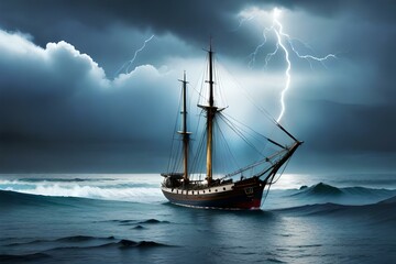 sailing ship in the sea thunder storm AI generated 