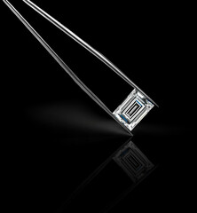 Baguette-Cut White Diamond on Black Background with Reflection. 