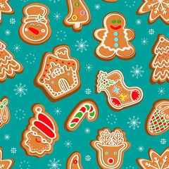 Christmas gingerbread cookies amidst snowflakes. vector illustration