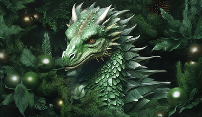 Fototapeta na wymiar Green dragon on the background of a green Christmas tree . Symbol of 2024. Chinese New Year. Generative AI