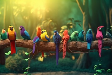 A detailed illustration of a group of birds, such as owls or parrots, in a colorful and vibrant natural environment, Generative AI
