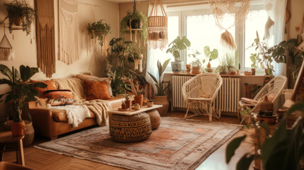 Boho style living room in earthy tones with plants, macrame, and woven textiles. Generative AI