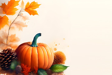 Pumpkin with colorful autumn leaves banner template. Thanksgiving, Halloween, fall banner with copy space. Digital watercolor, Generative AI.